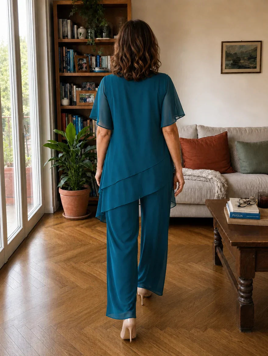 Dahlia - Layered Chiffon Top and Wide Leg Trousers Set