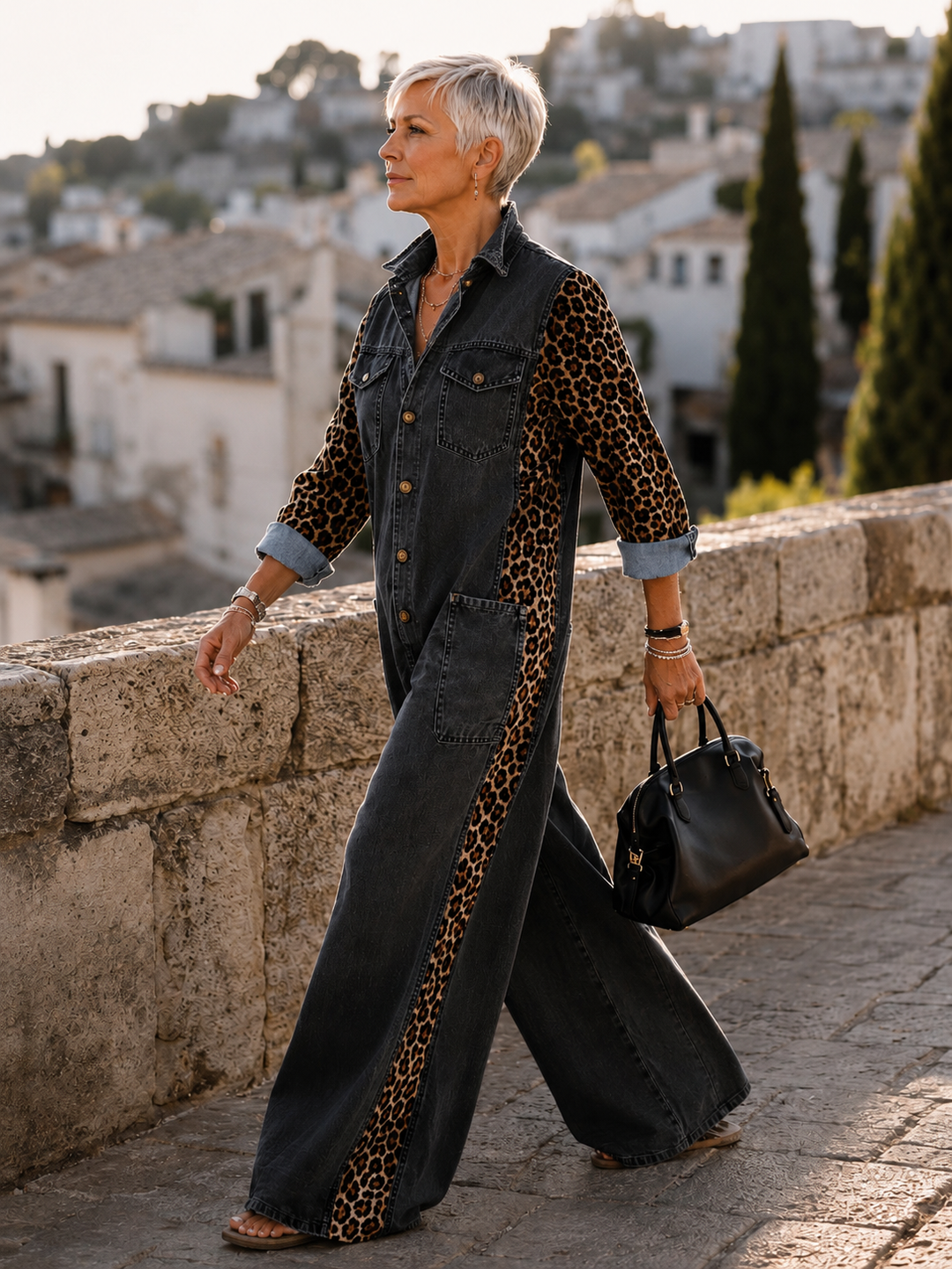 Annalise - Leopard Panel Denim Wide Leg Jumpsuit