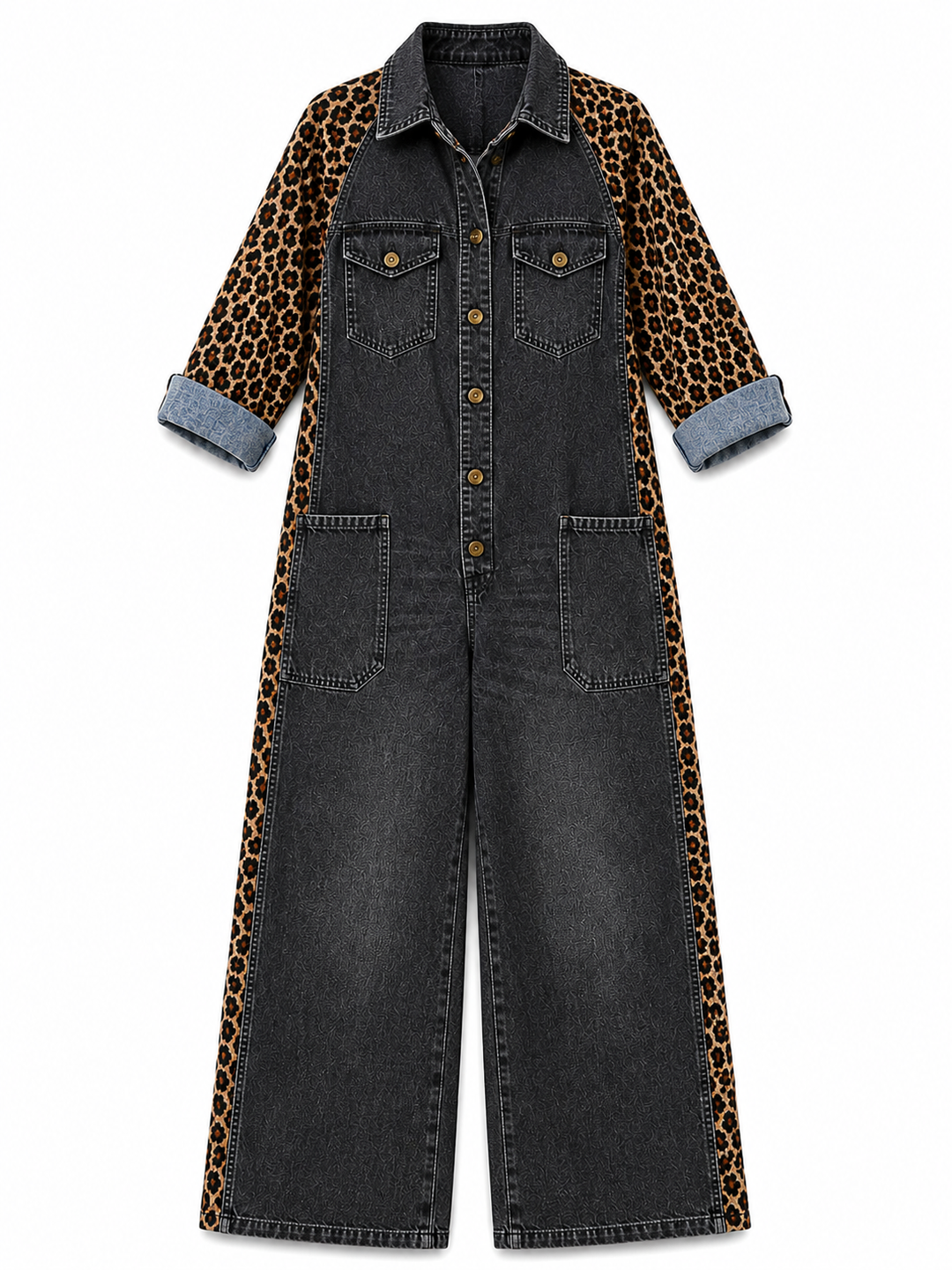 Annalise - Leopard Panel Denim Wide Leg Jumpsuit