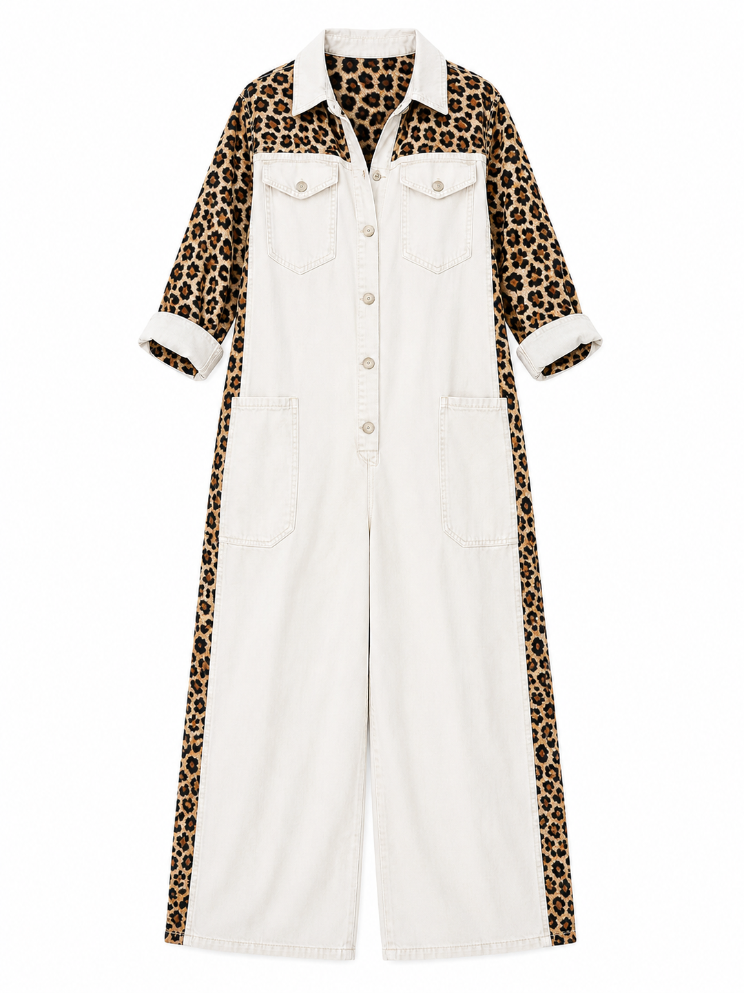 Annalise - Leopard Panel Denim Wide Leg Jumpsuit