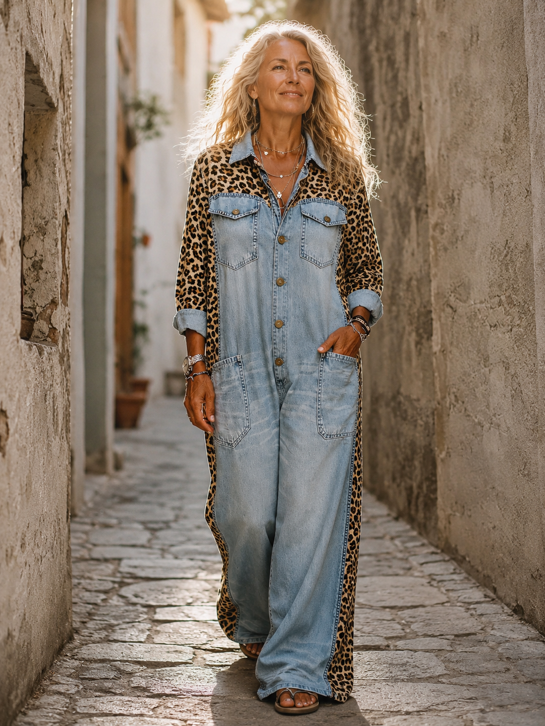 Annalise - Leopard Panel Denim Wide Leg Jumpsuit