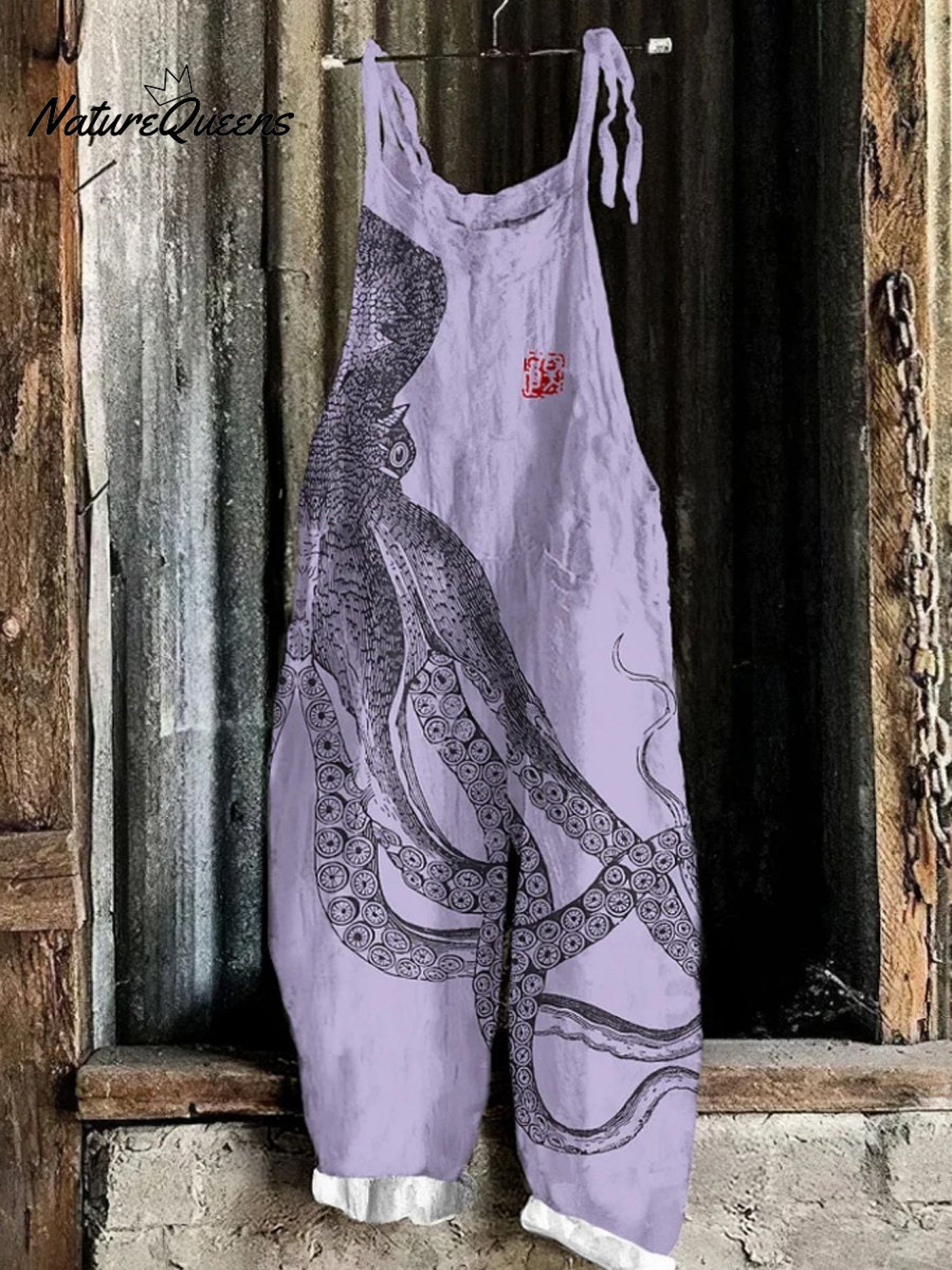 Women's  Octopus Art  Print Casual 100% Cotton Wide Leg Jumpsuit