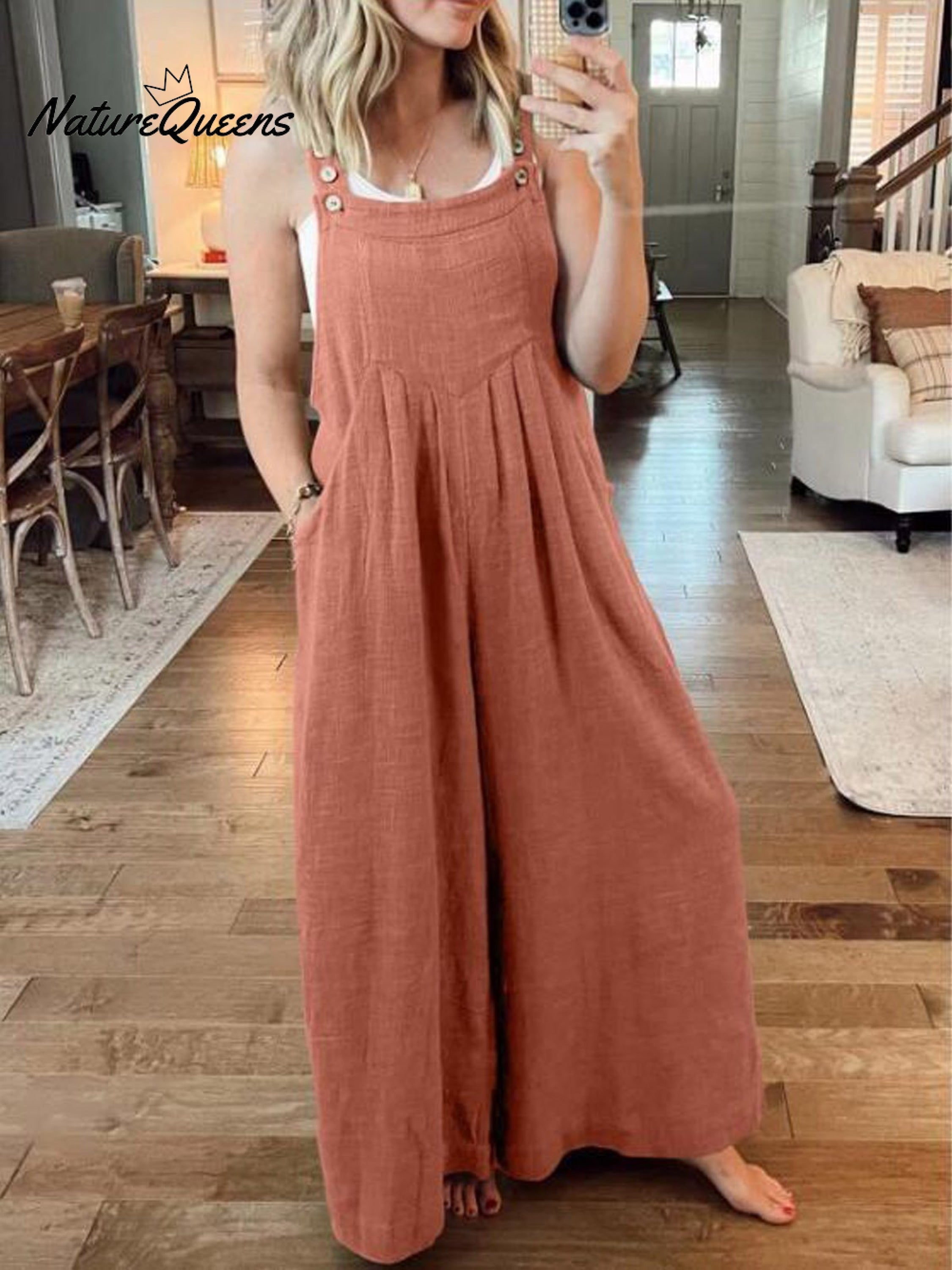 Women's Solid Color Loose Elegant Casual Cotton Linen Suspender Jumpsuit