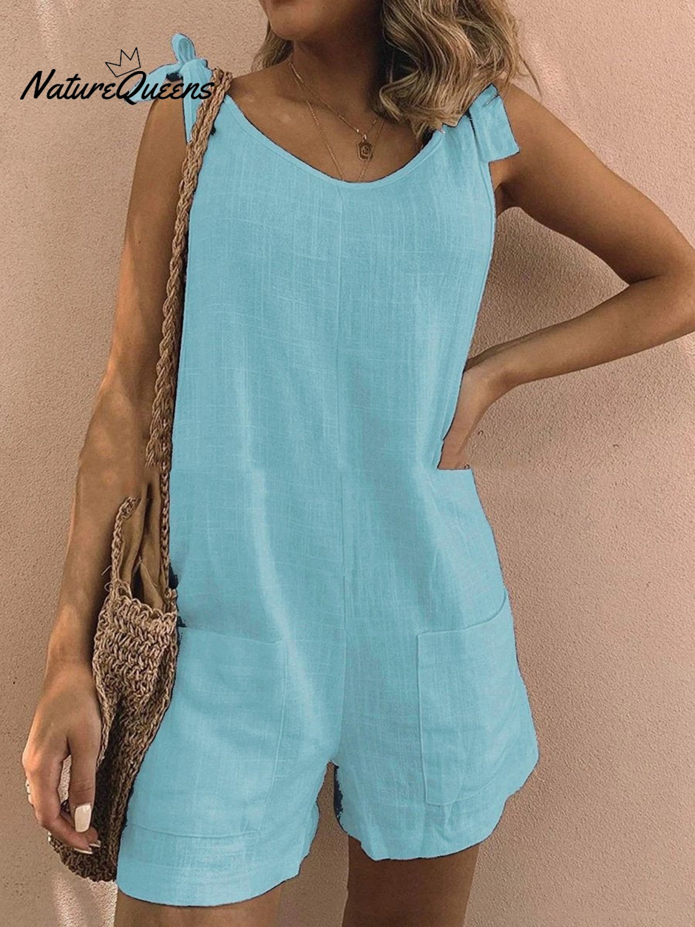 Women's Cotton Overalls Casual Sleeveless Shorts Romper Jumpsuit
