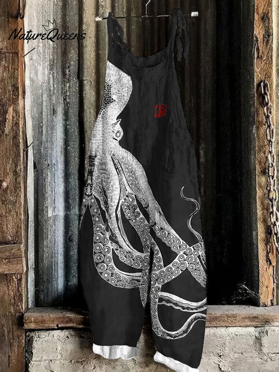 Women's  Octopus Art  Print Casual 100% Cotton Wide Leg Jumpsuit