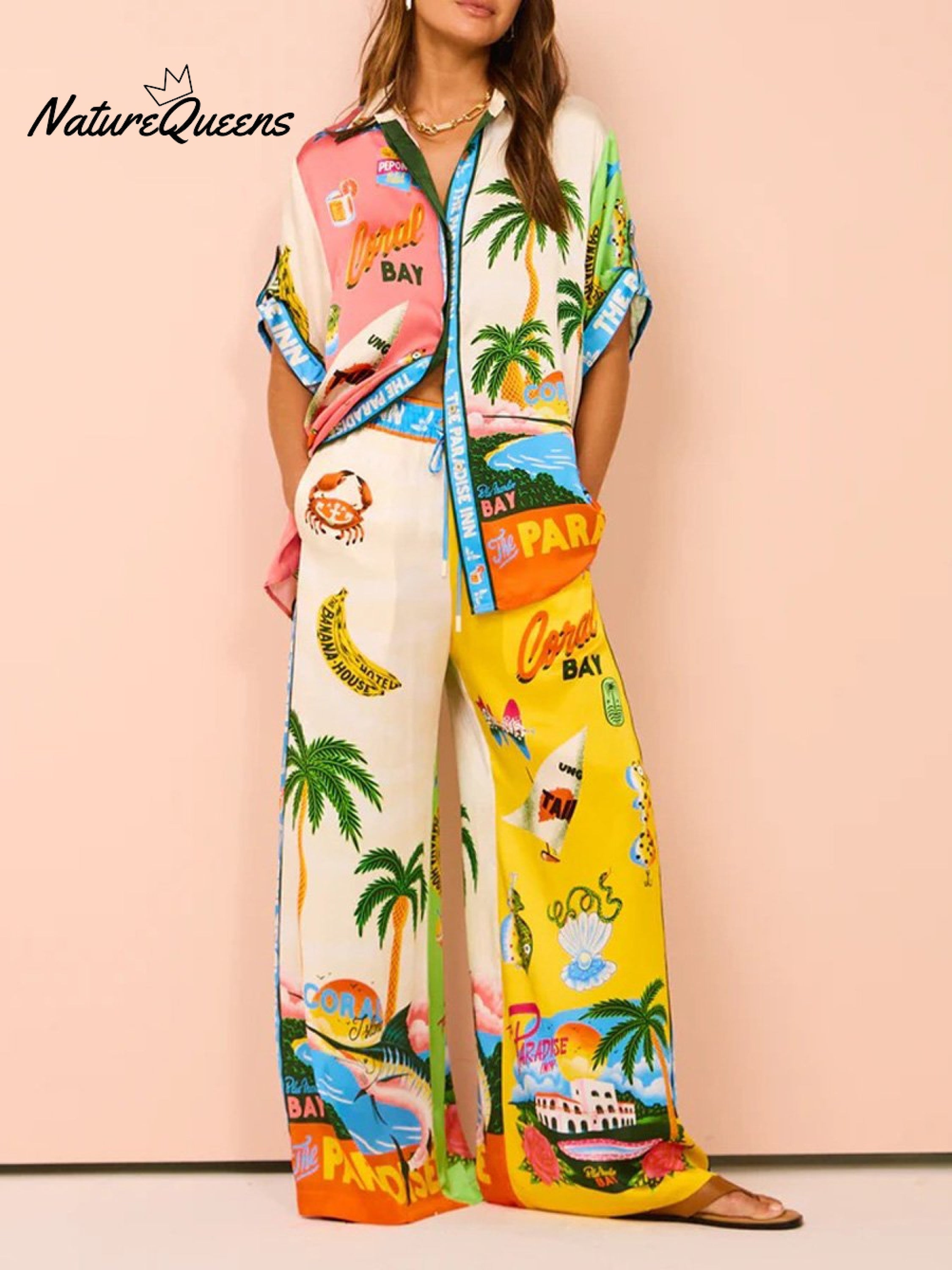 Women's Printed Short Sleeve Shirt And Trousers Casual Suit