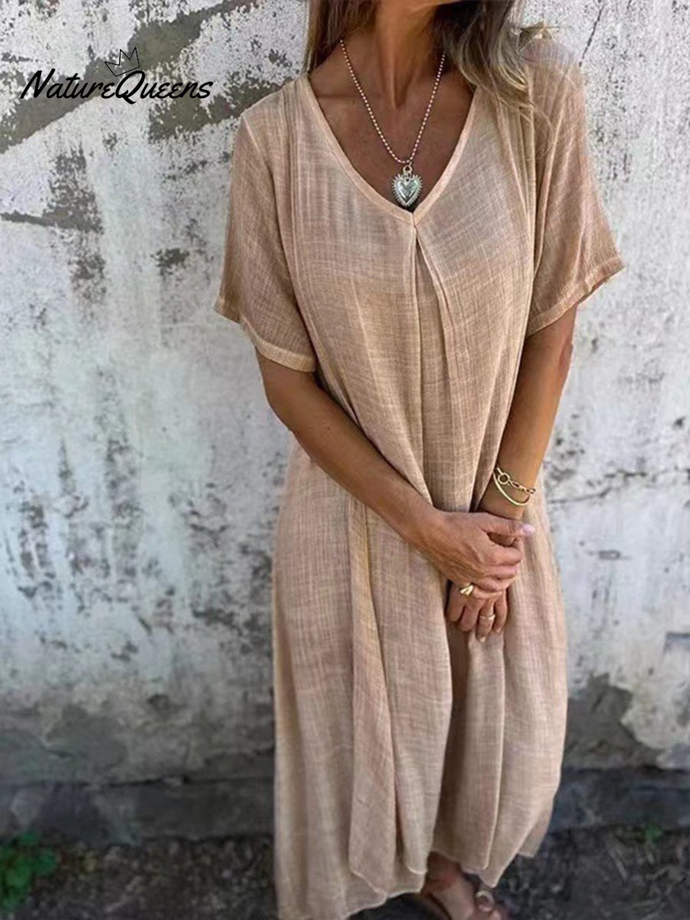 Stylish Cotton and Linen V-neck Dress