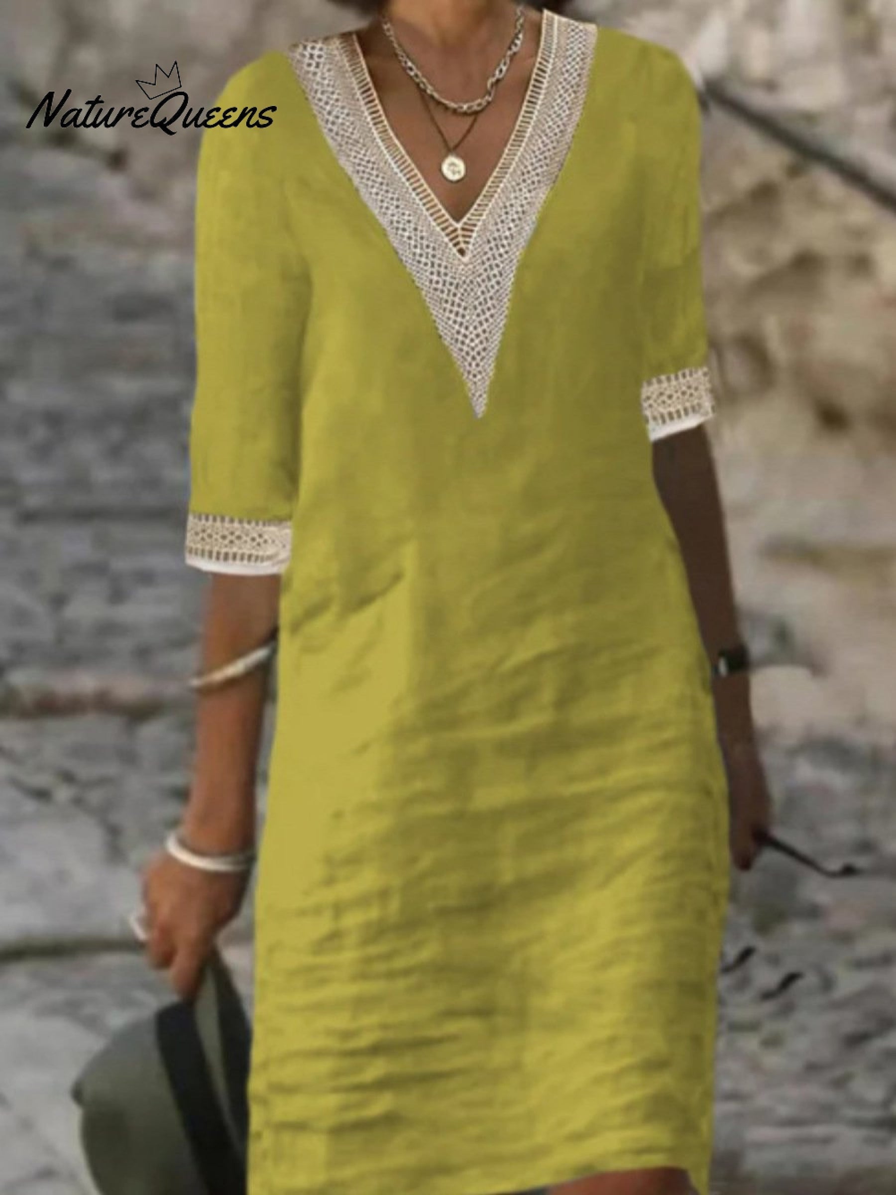 V-neck Mid-sleeved Cotton and Linen Casual Dress