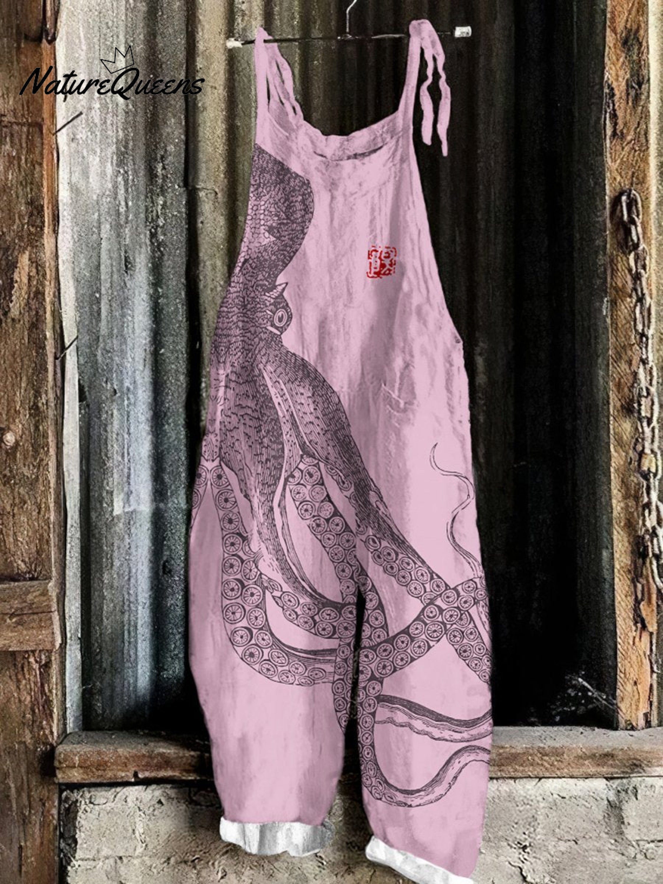 Women's  Octopus Art  Print Casual 100% Cotton Wide Leg Jumpsuit