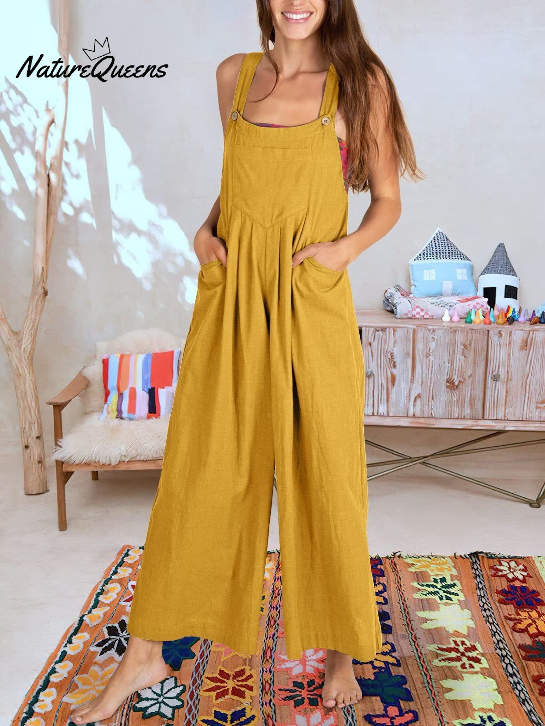 Women's Solid Color Loose Elegant Casual Cotton Linen Suspender Jumpsuit