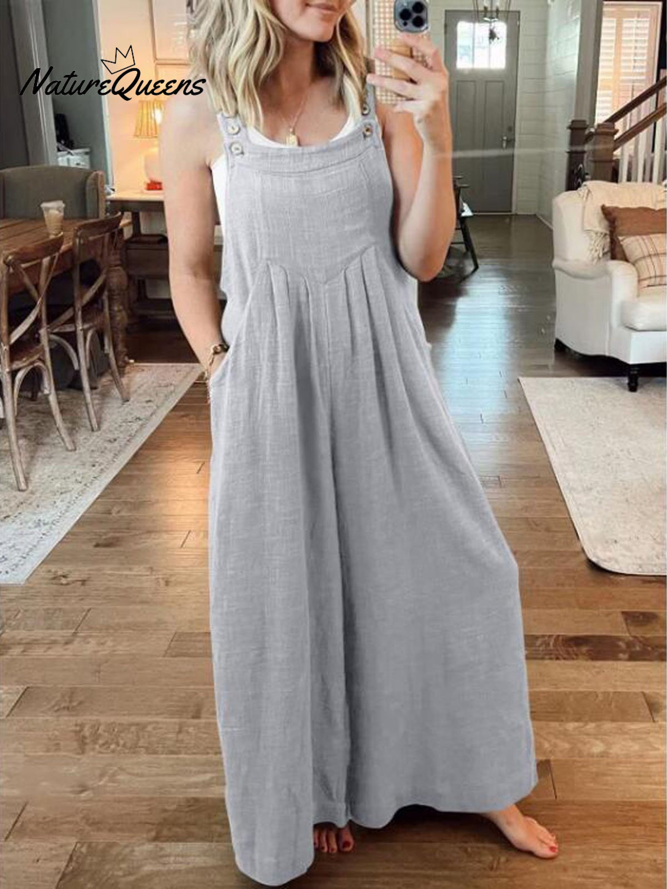 Women's Solid Color Loose Elegant Casual Cotton Linen Suspender Jumpsuit