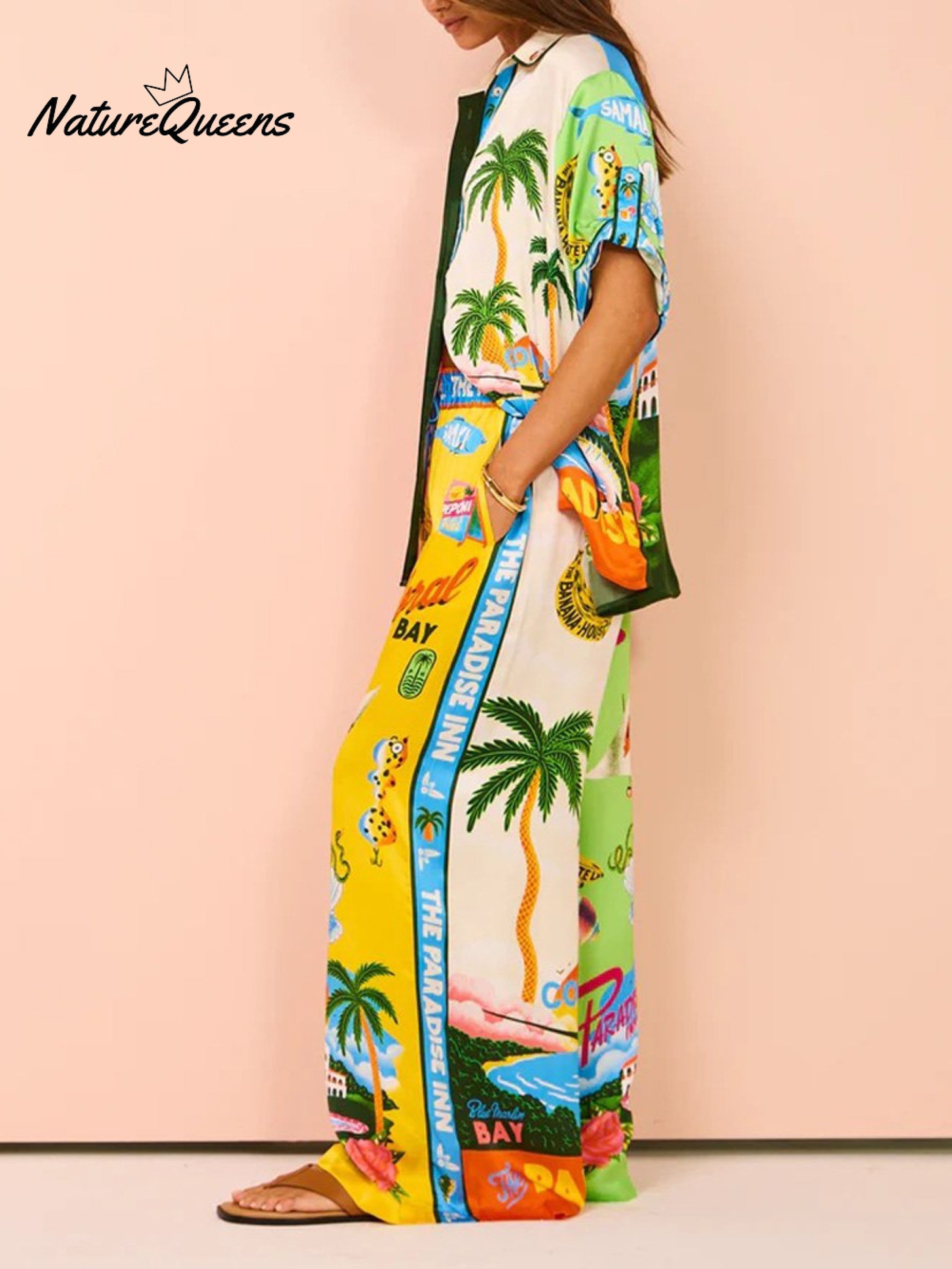 Women's Printed Short Sleeve Shirt And Trousers Casual Suit