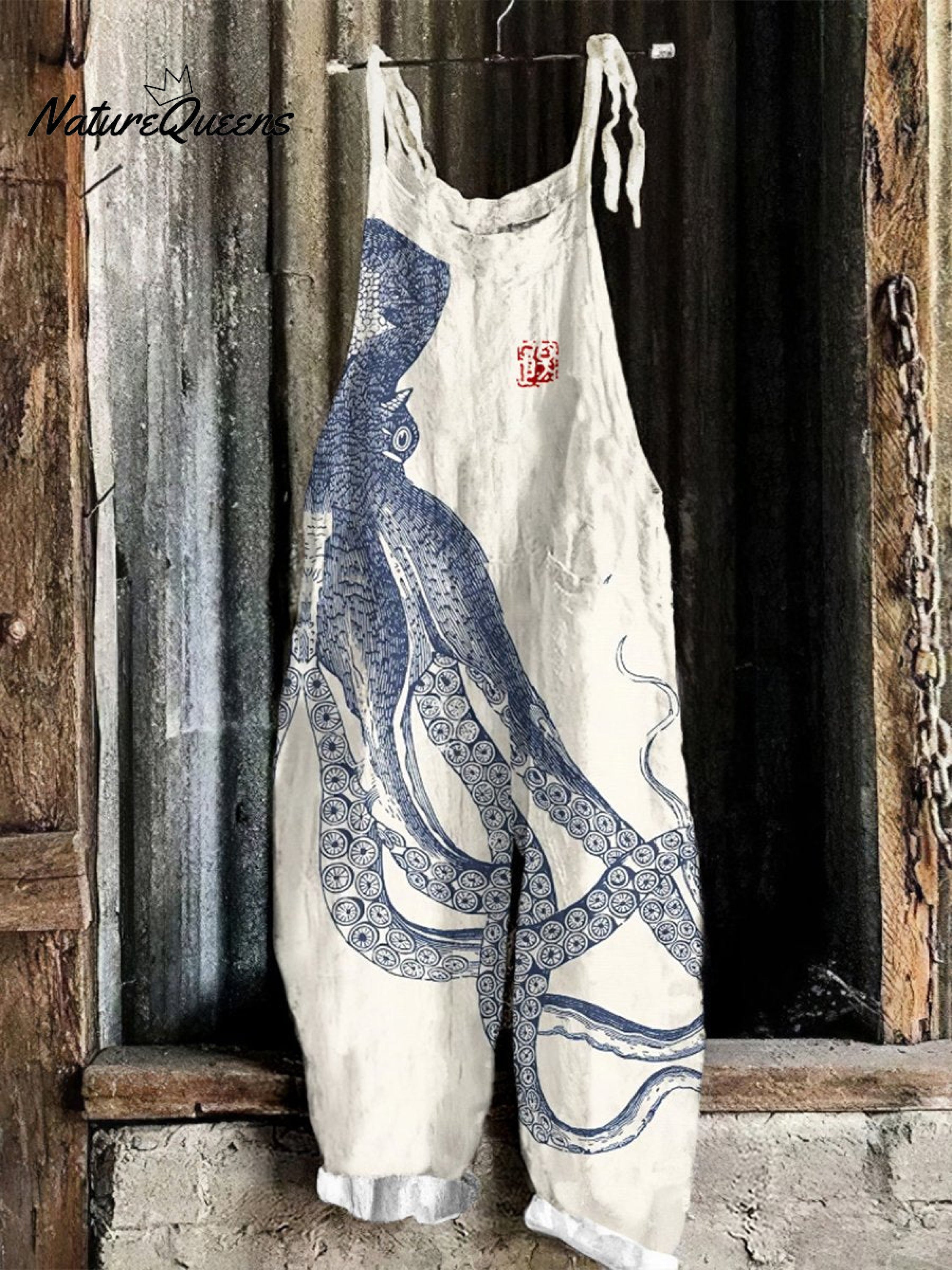 Women's  Octopus Art  Print Casual 100% Cotton Wide Leg Jumpsuit