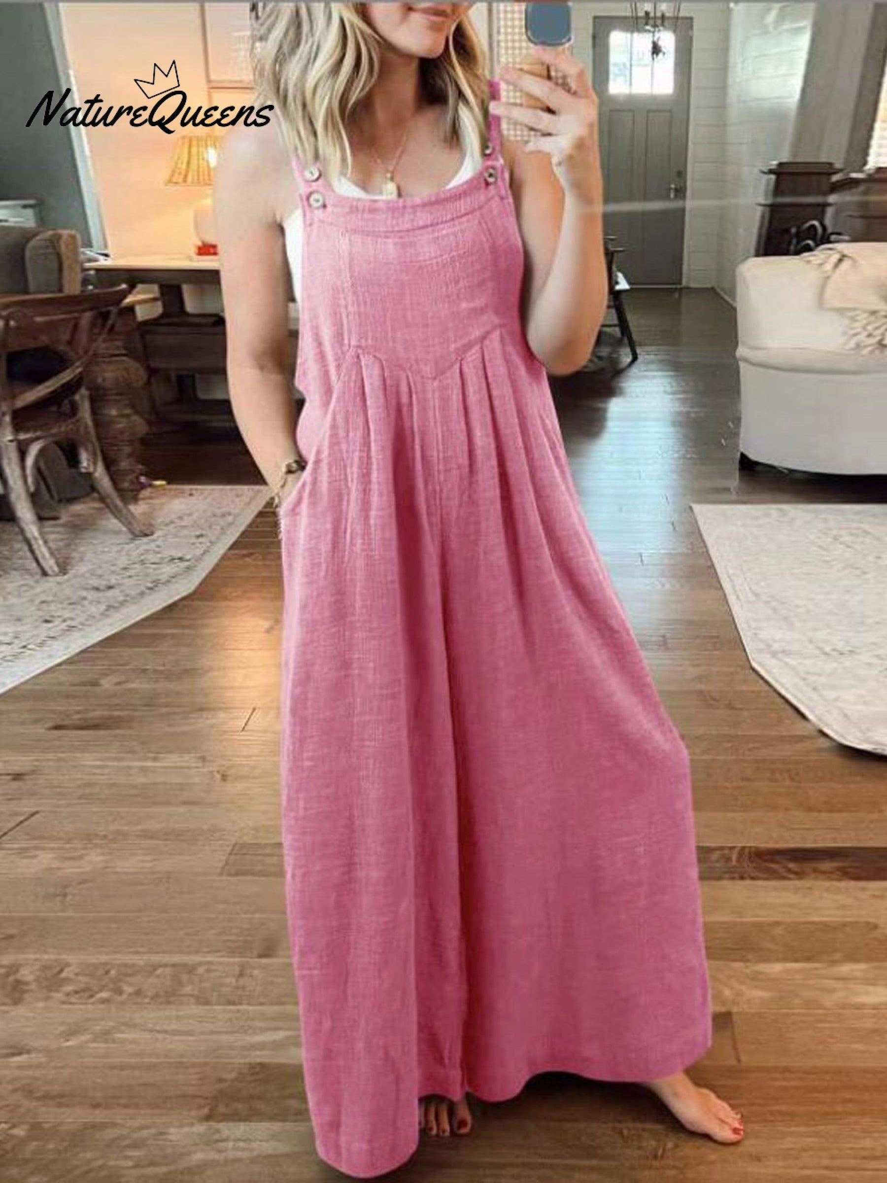 Women's Solid Color Loose Elegant Casual Cotton Linen Suspender Jumpsuit