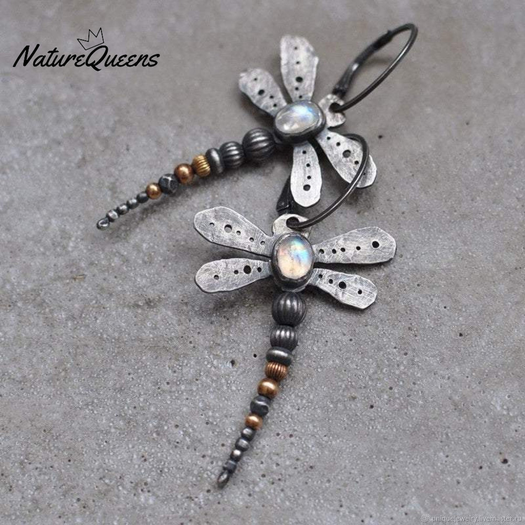 Round moonstone dragonfly earrings