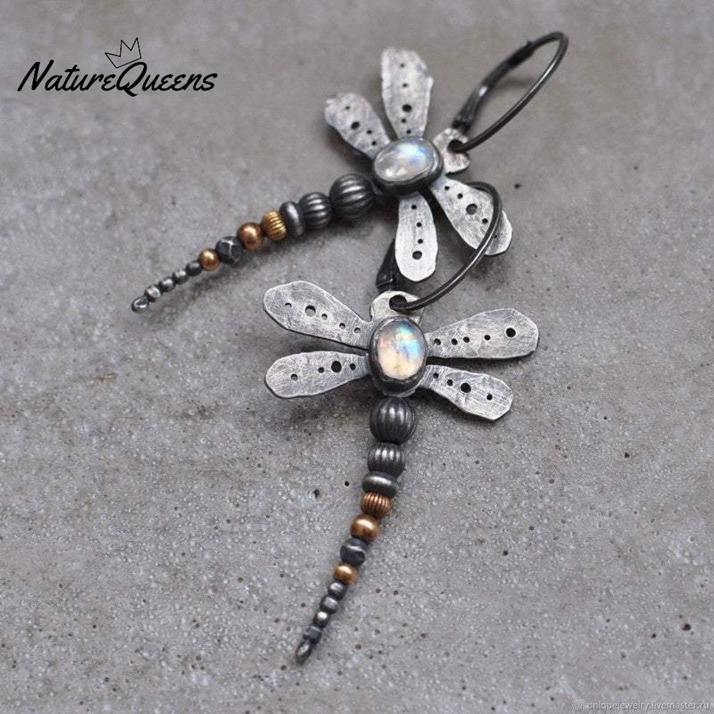Round moonstone dragonfly earrings