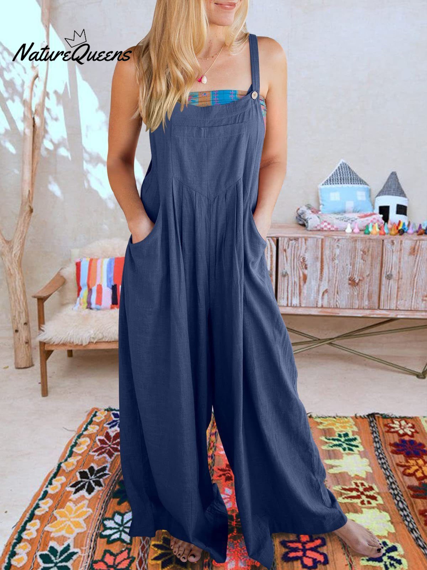 Women's Solid Color Loose Elegant Casual Cotton Linen Suspender Jumpsuit