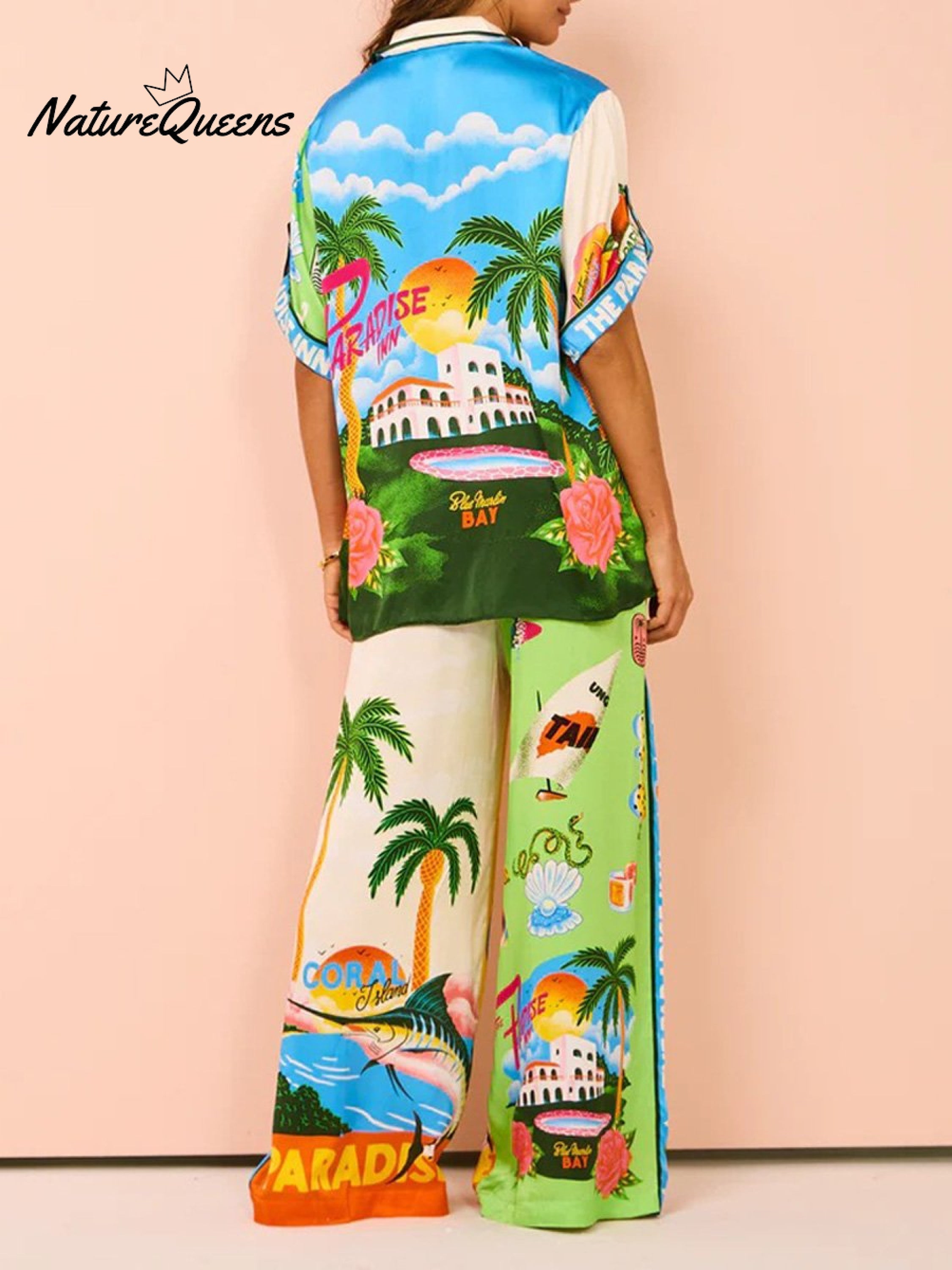 Women's Printed Short Sleeve Shirt And Trousers Casual Suit
