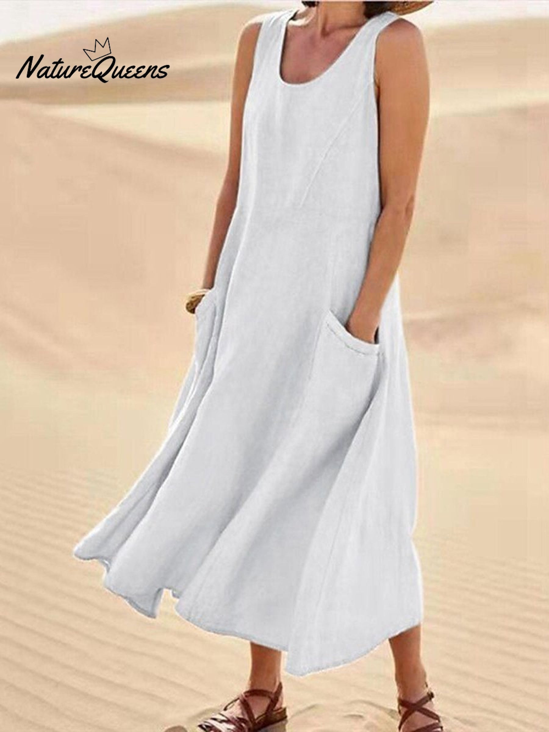 Women Sleeveless Sundress Elegant Round Neck Cotton Linen Solid Long Tank Casual Summer Dress
