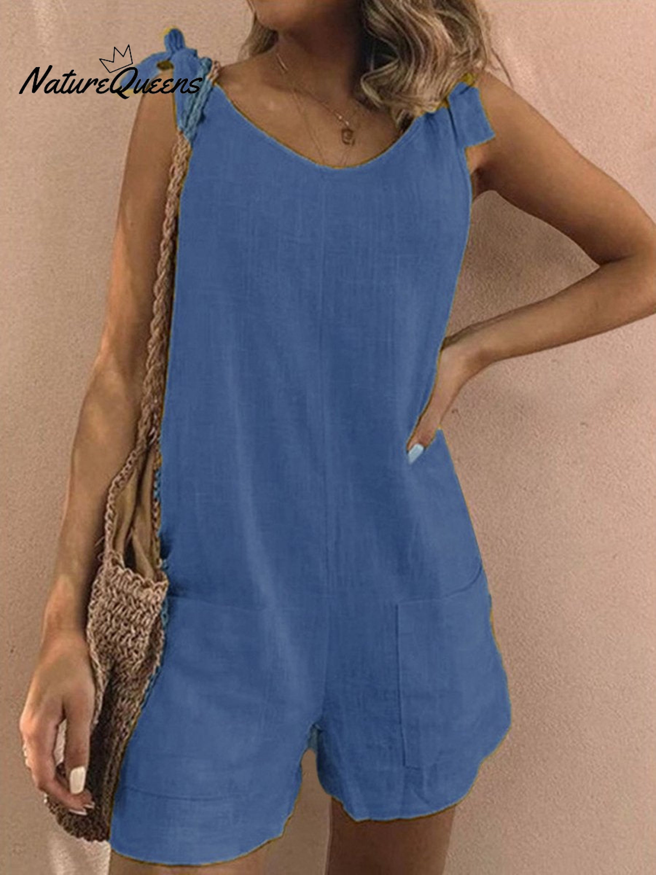 Women's Cotton Overalls Casual Sleeveless Shorts Romper Jumpsuit
