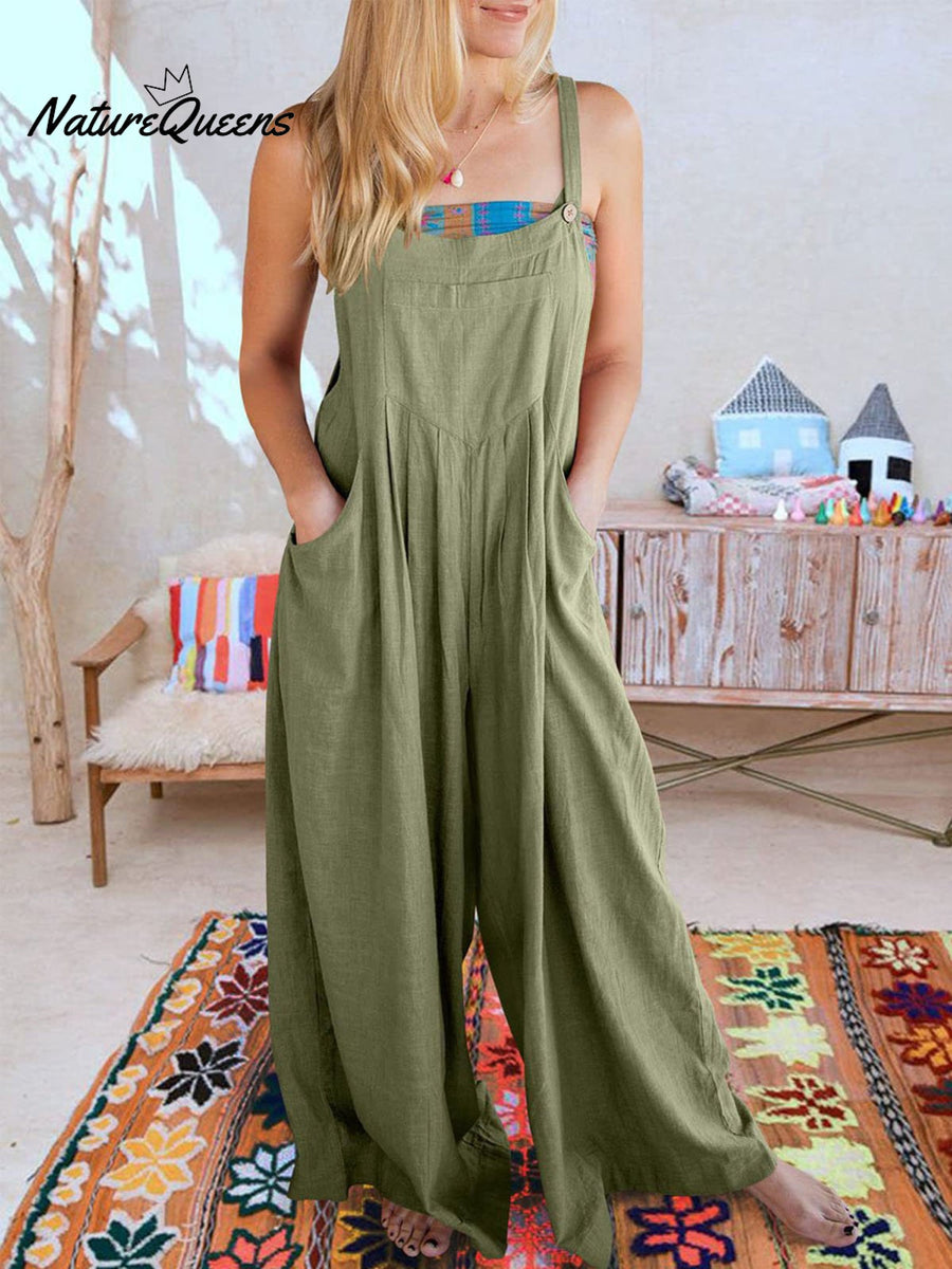 Women's Solid Color Loose Elegant Casual Cotton Linen Suspender Jumpsuit