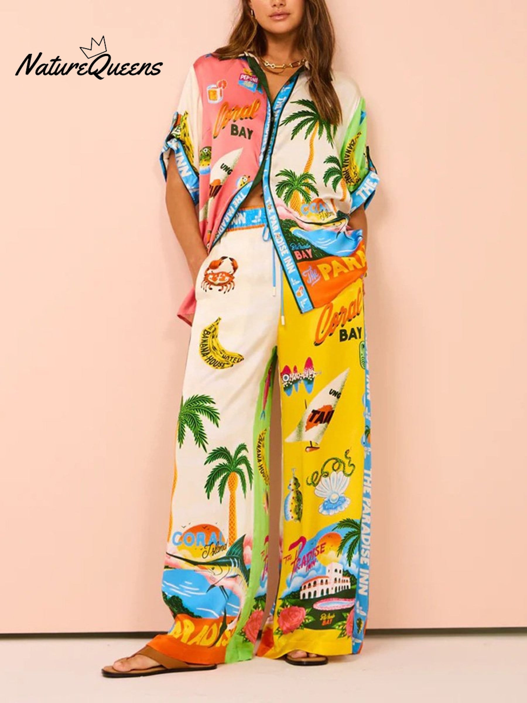 Women's Printed Short Sleeve Shirt And Trousers Casual Suit
