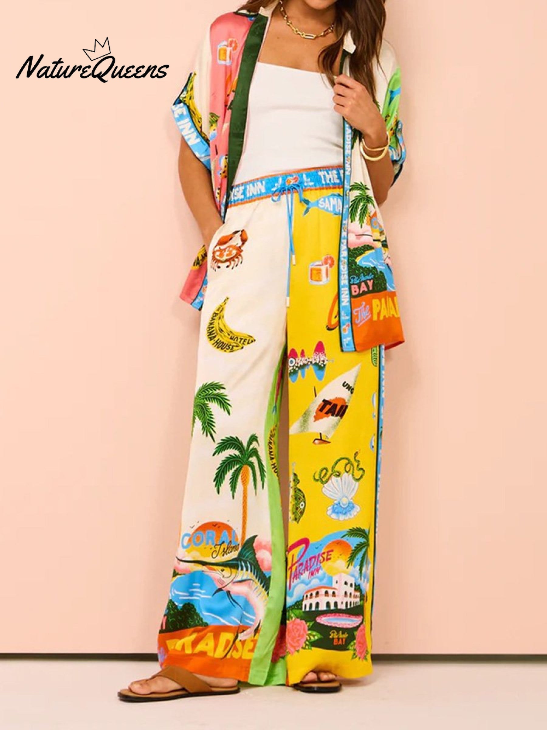 Women's Printed Short Sleeve Shirt And Trousers Casual Suit