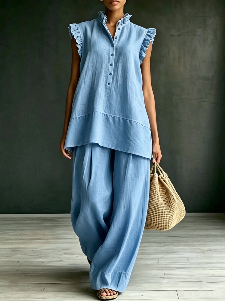 Women's Stand-collar Ruffled Sleeveless Vest And Wide-leg Trousers Set