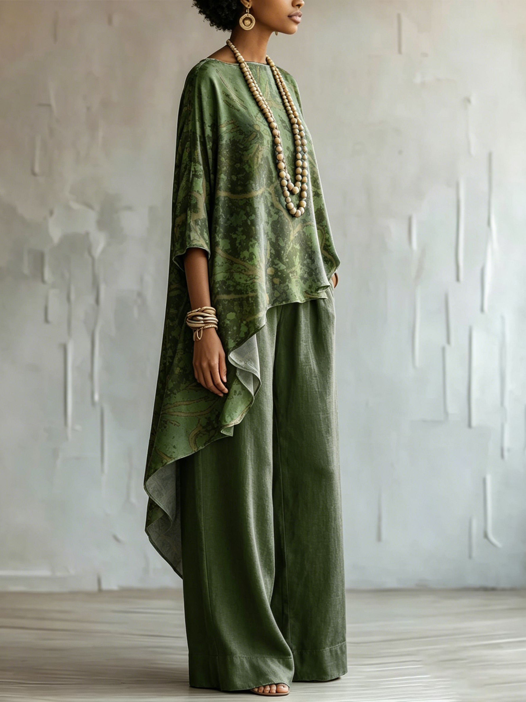 Loose-fit Ethnic-style Ink-splatter Floral Cotton-linen Top + Wide-leg Pants Set