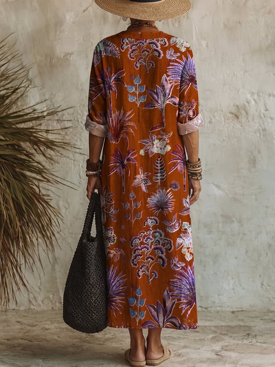 Women's Flower Print Casual Cotton-linen Maxi Dress