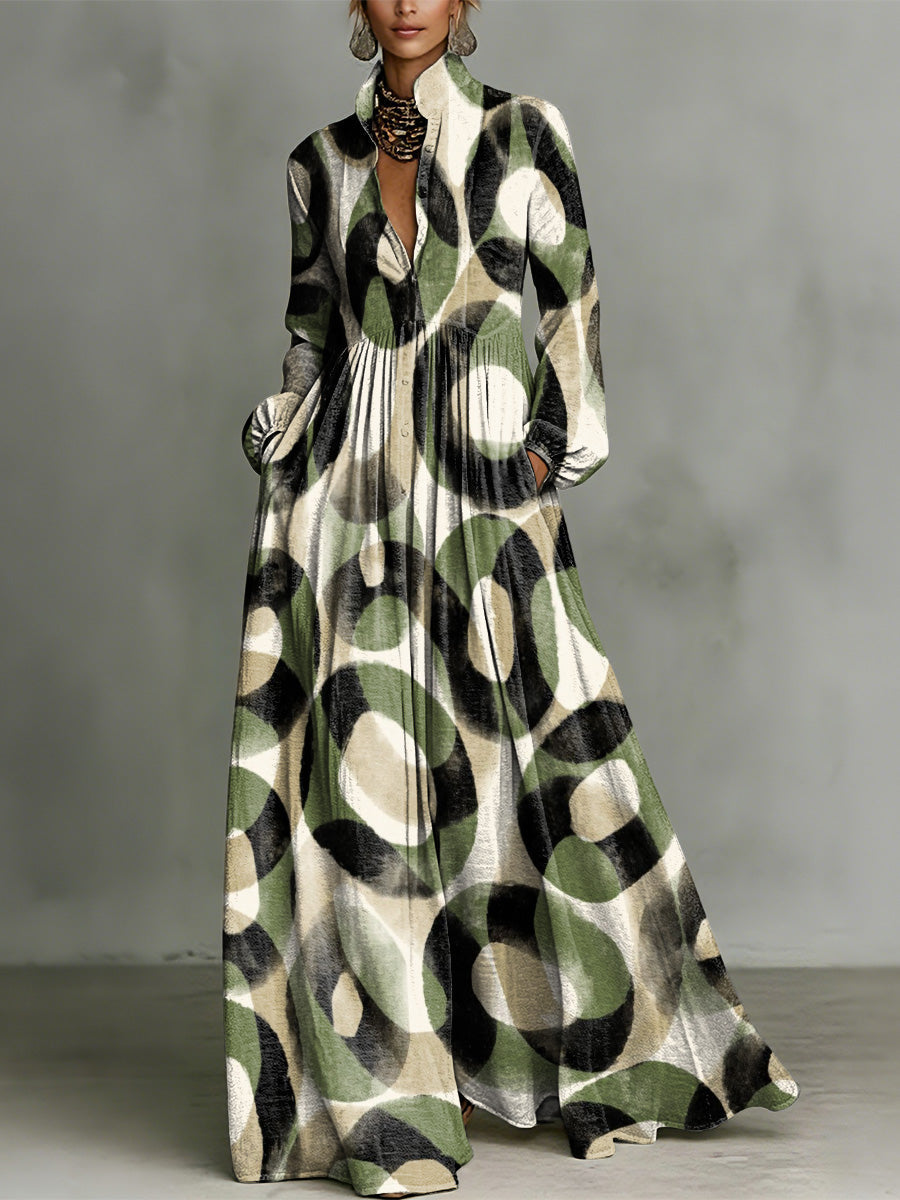 Geometric Ring Decorative Pattern Women's Long Sleeve Shirt Collar Dress
