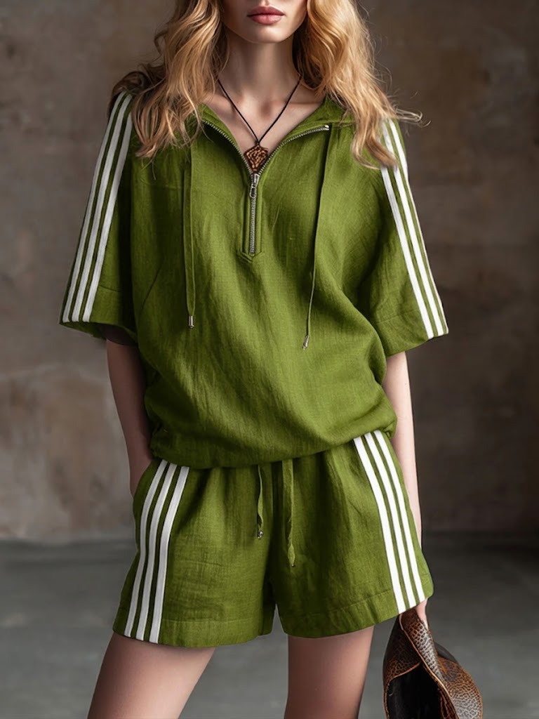 Casual Color-block Striped Half-zip Hooded Linen-cotton Top And Shorts Two-piece Set