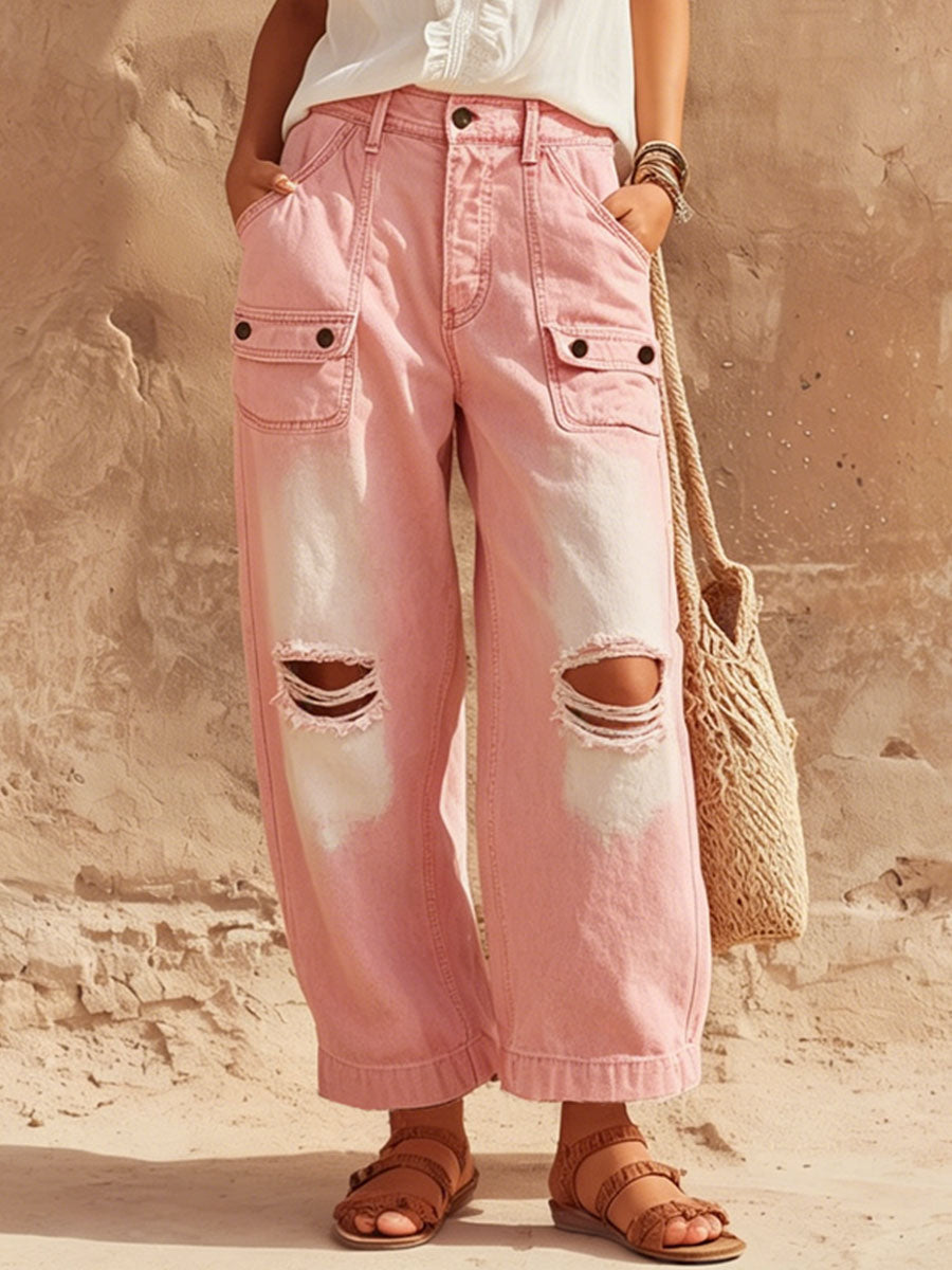 Washed Ombré Distressed Wide-leg Cargo Jeans