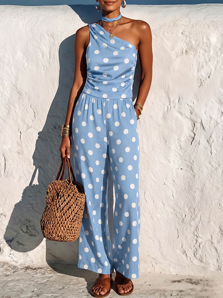 Women's Polka Dot Print One-shoulder Sleeveless Casual Loose Wide-leg Jumpsuit