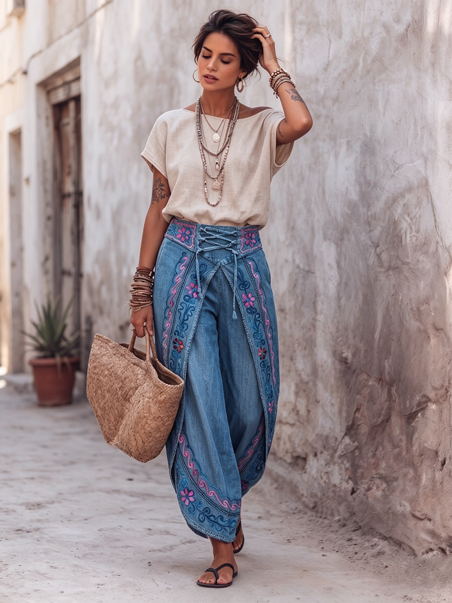 Boho Floral Vine Print Lightweight Denim Slit Harem Pants