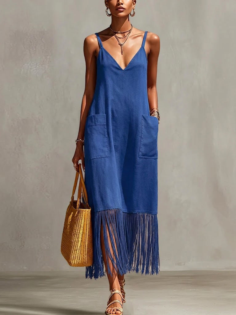 Bohemian V-neck Fringe Cami Cotton-linen Maxi Dress