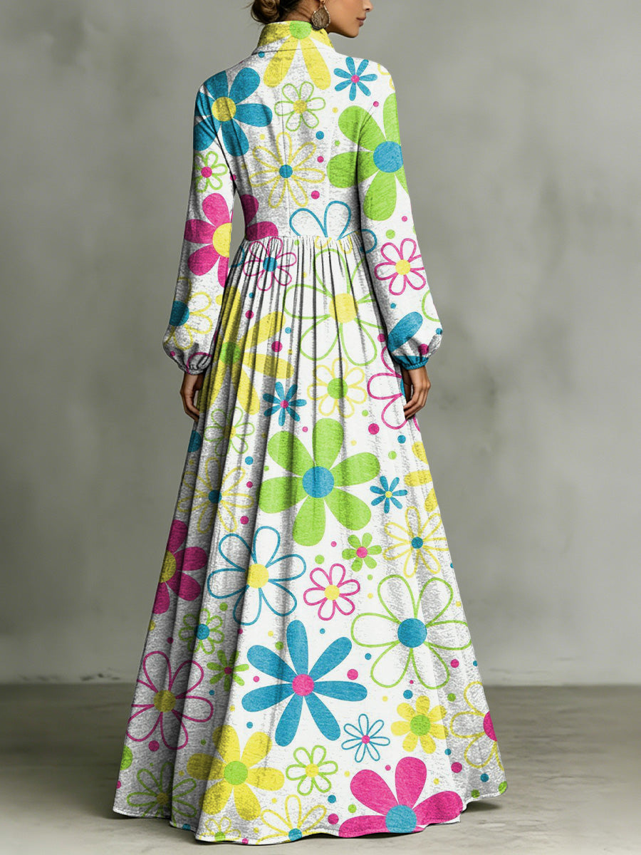 Fun, Colorful Floral Decorative Patterns Women's Long Sleeve Shirt Collar Dress