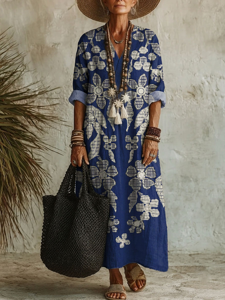 Women's Flower Print Casual Cotton-linen Maxi Dress