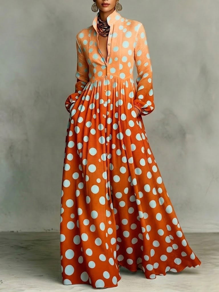 Polka Dot Gradient Stand-collar Single-breasted Long Shirt Dress