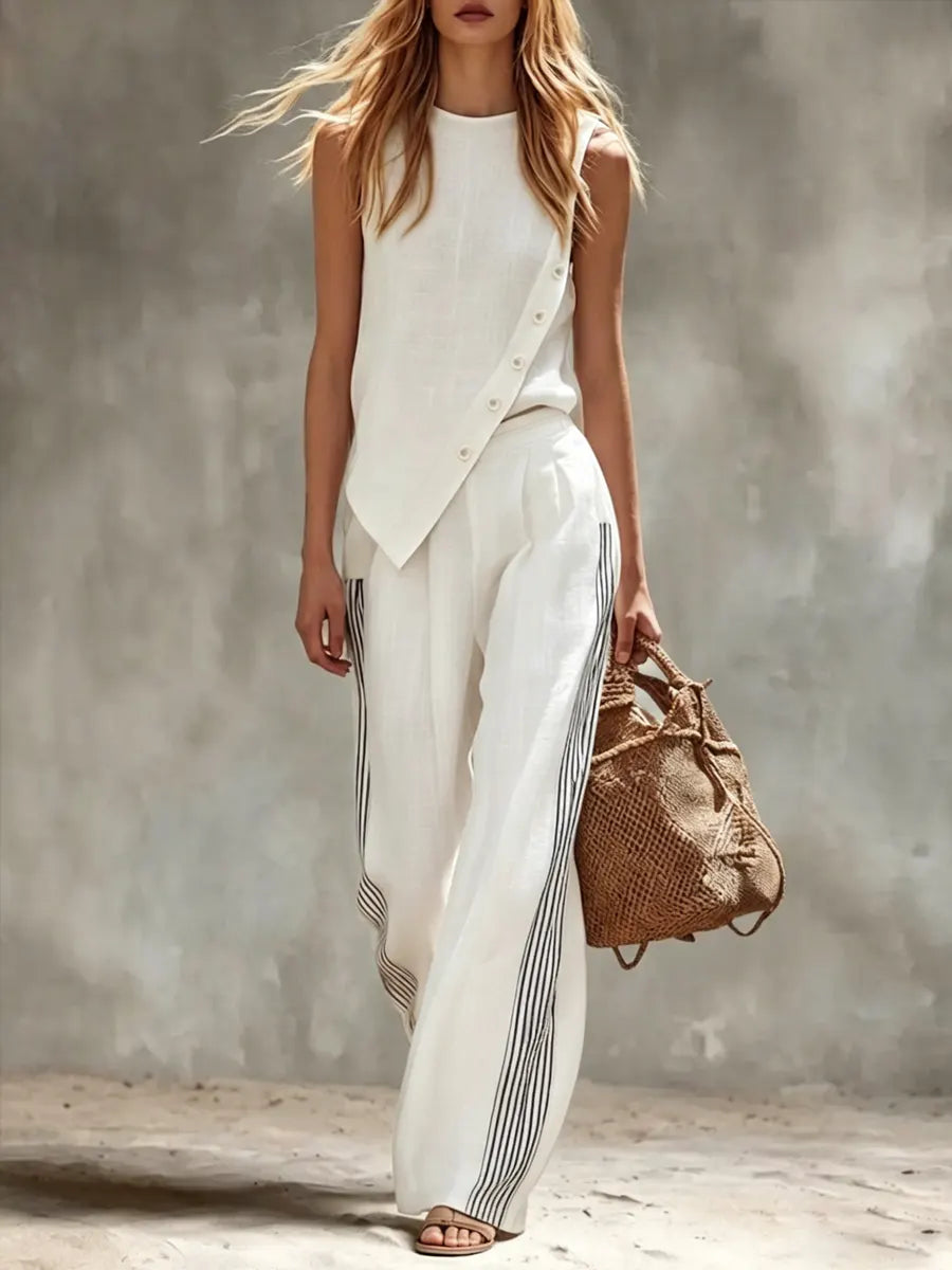 Women's Simple Irregular Cut Top And Wide-leg Pants Cotton And Linen Set