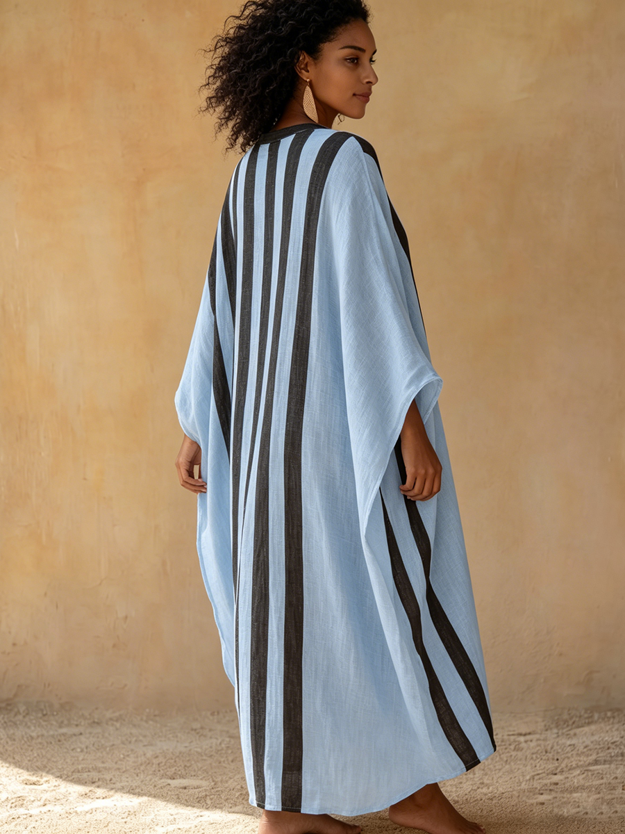 Boho Vacation Striped Print Loose Cotton-linen Maxi Dress