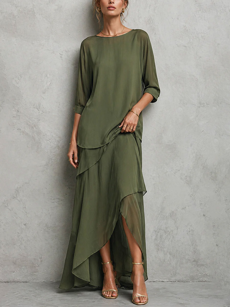 Women's Solid-color Round-neck 3/4-sleeve Loose Casual Top & High-waisted A-line Skirt Set