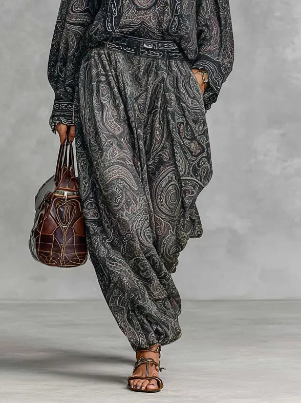 Paisley-print Stand-collar Shirt + Harem Pants Set