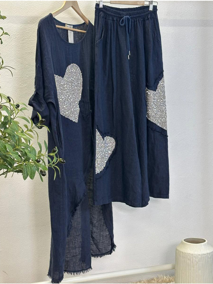 Women's Heart-patterned Printed Casual Cotton Linen Two-piece Set