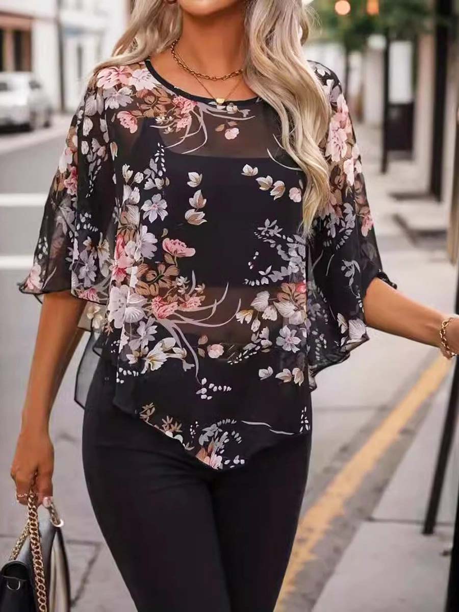 Women's Retro Floral Art Casual Stylish Short Sleeve Shirt