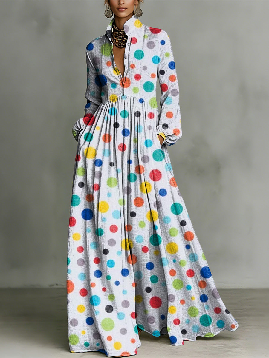 Fun Colorful Polka Dot Decorative Pattern Women's Long Sleeve Shirt Collar Dress