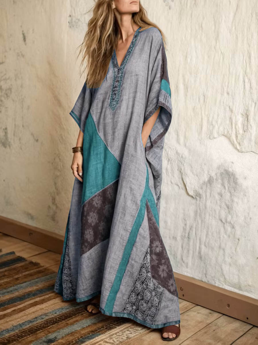 Women's Retro Geometric Print V-neck 3/4-sleeve Casual Loose Cotton-linen Dress