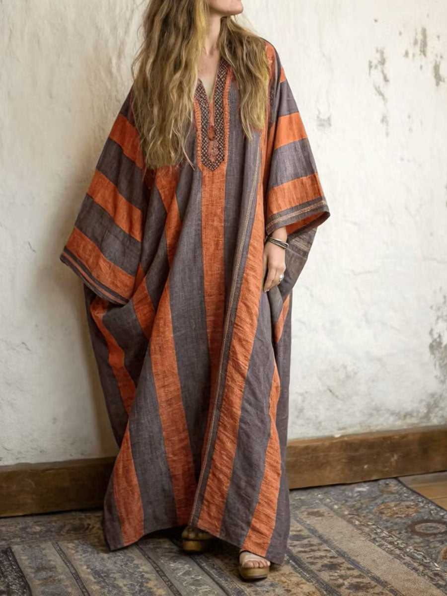 Women's Vintage-print Patchwork V-neck Short-sleeve Casual Loose Cotton-linen Dress