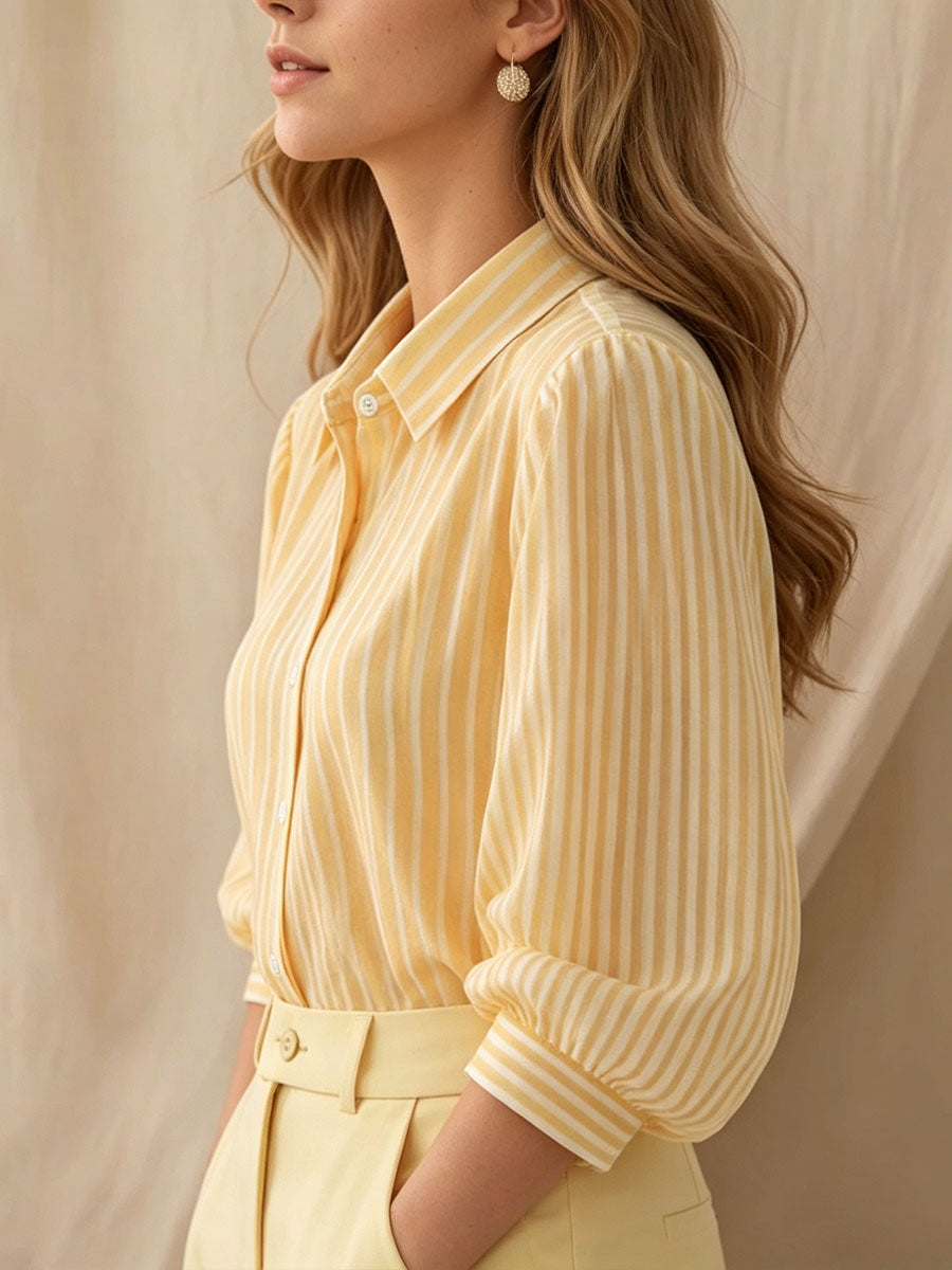 Women's Striped 3/4-sleeve Puff-sleeve Lapel Collared Shirt