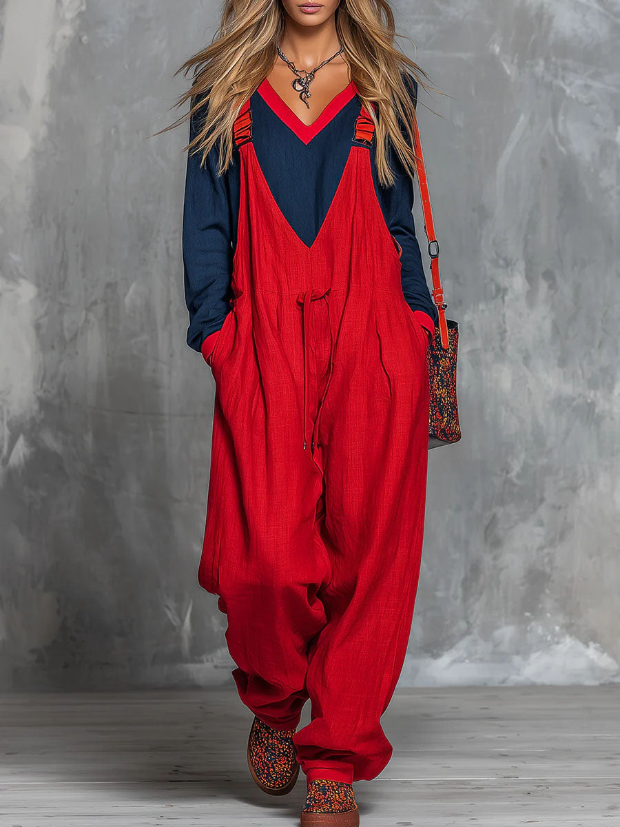 Women's Color-block Patchwork Round Neck Long-sleeved Casual Loose Top And Cotton And Linen Suspender Wide-leg Jumpsuit Set.